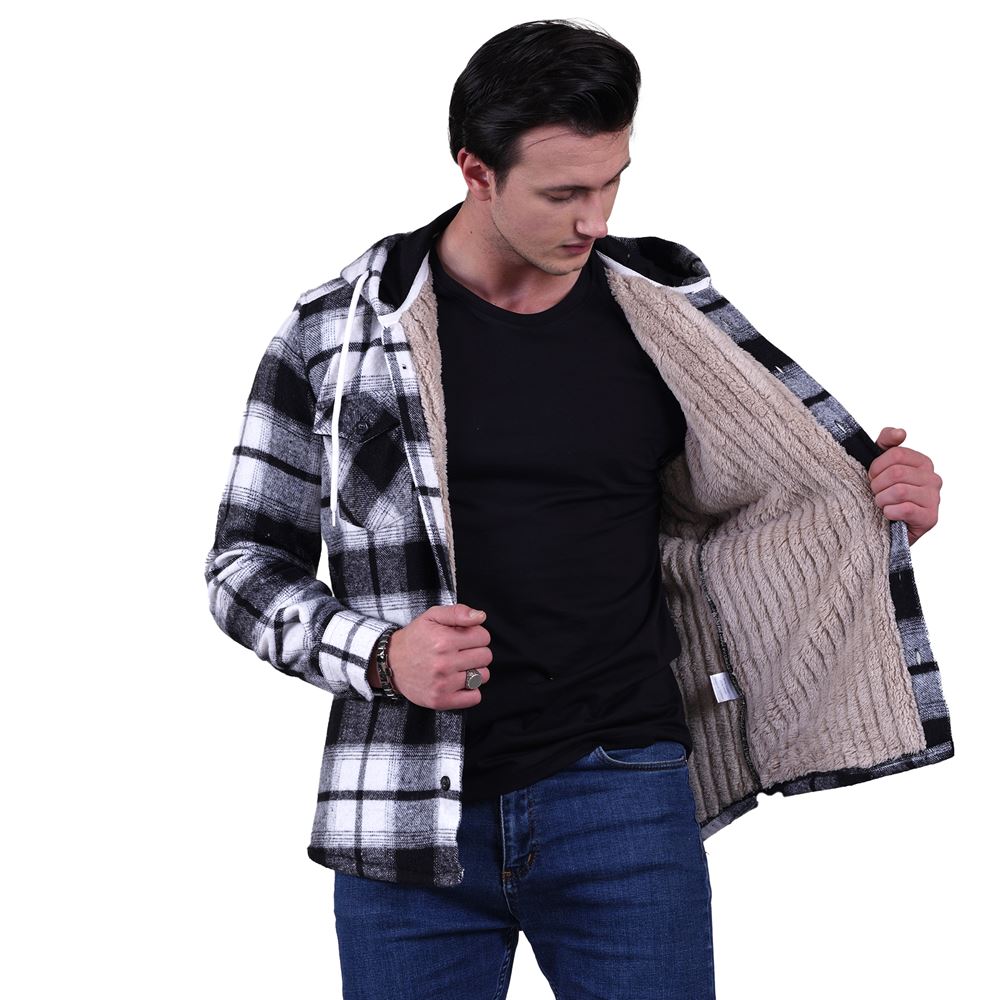Black White Plaid Men's Fur Lined Jacket Shirt