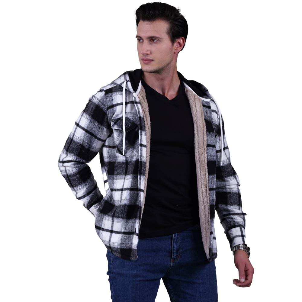 Black White Plaid Men's Fur Lined Jacket Shirt