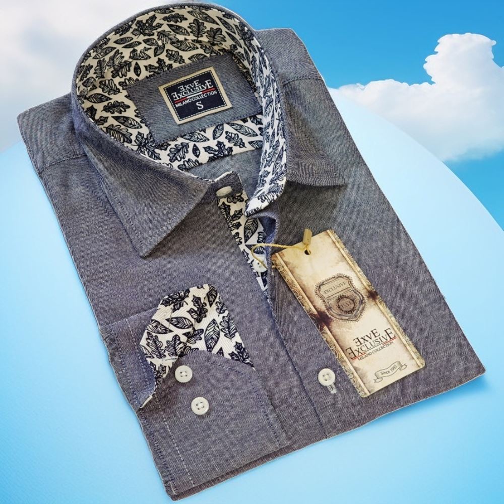 Blue and Gray Jean Style inside Leaves Printed Men's Shirt