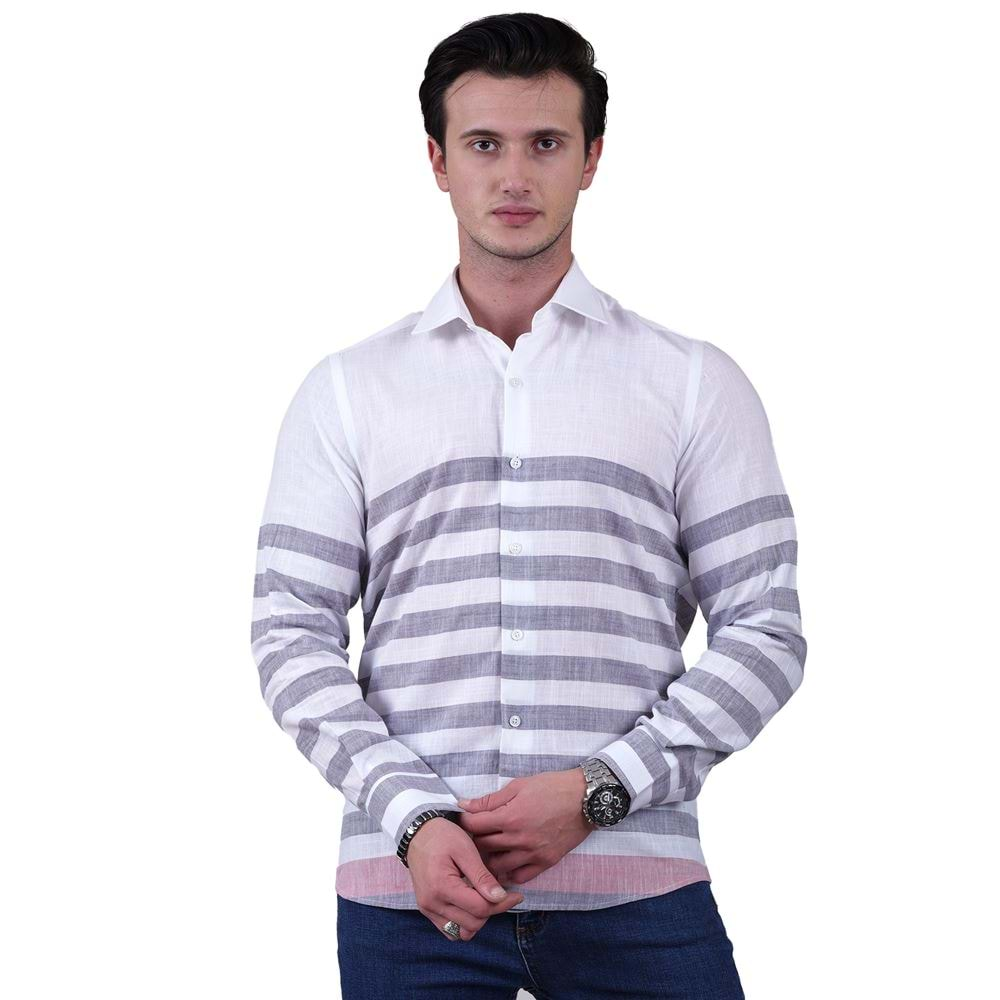 Gray Striped White Linen Men's Shirt