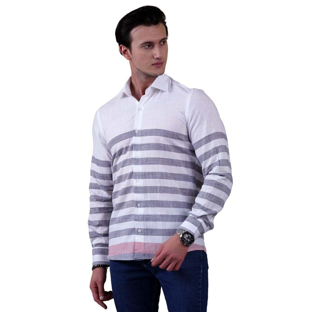 Gray Striped White Linen Men's Shirt