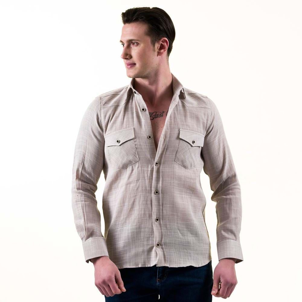 Grey Melange Linen Western Men's Shirt