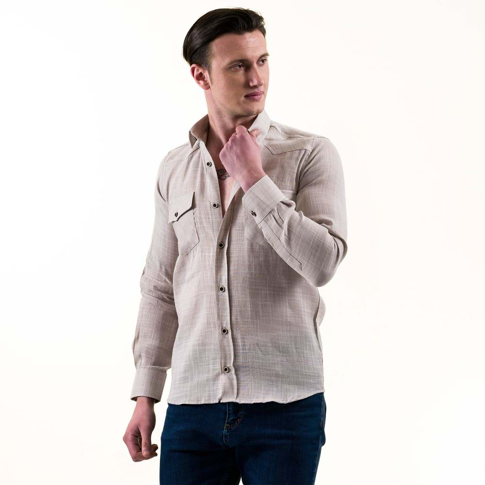 Grey Melange Linen Western Men's Shirt