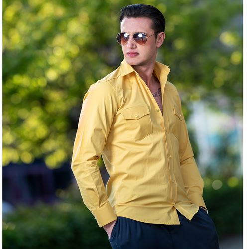 Yellow Cotton Lycra Western Men's Shirt