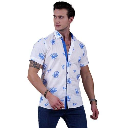 Blue Floral Printed on White Soft Washed Cotton Men's Short Sleeves Shirt