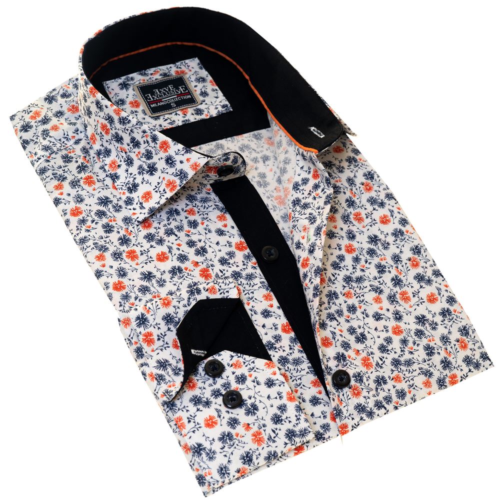 White with Navy and Orange Flower Printed Men's Shirt