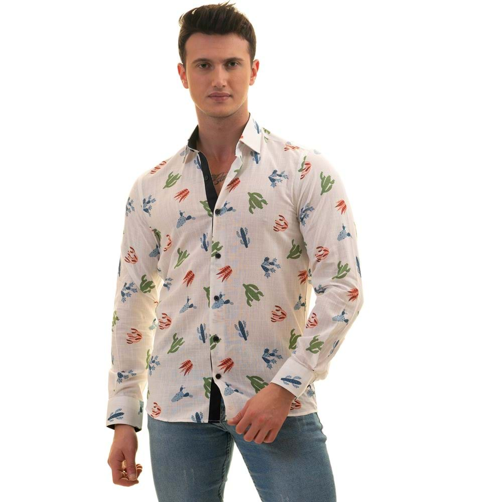 White with Colorful Cactus Printed Men's Shirt