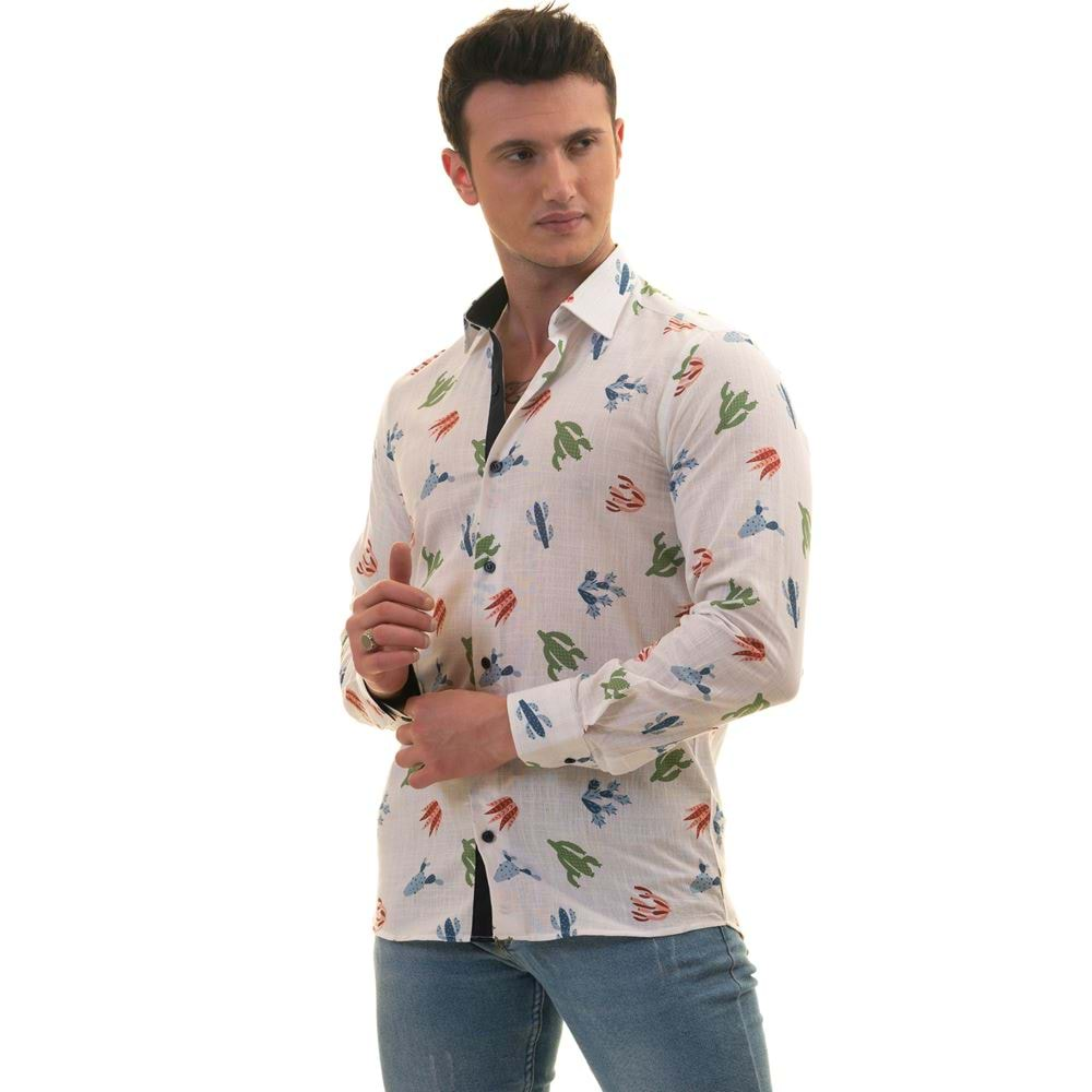 White with Colorful Cactus Printed Men's Shirt