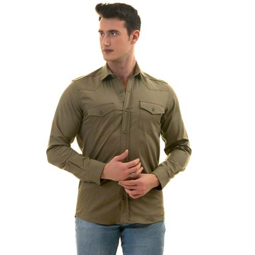 Khaki Double Pocket Western Men's Shirt