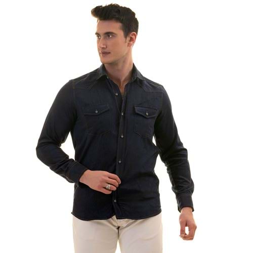 Navy Suede Western Style Men's Shirt