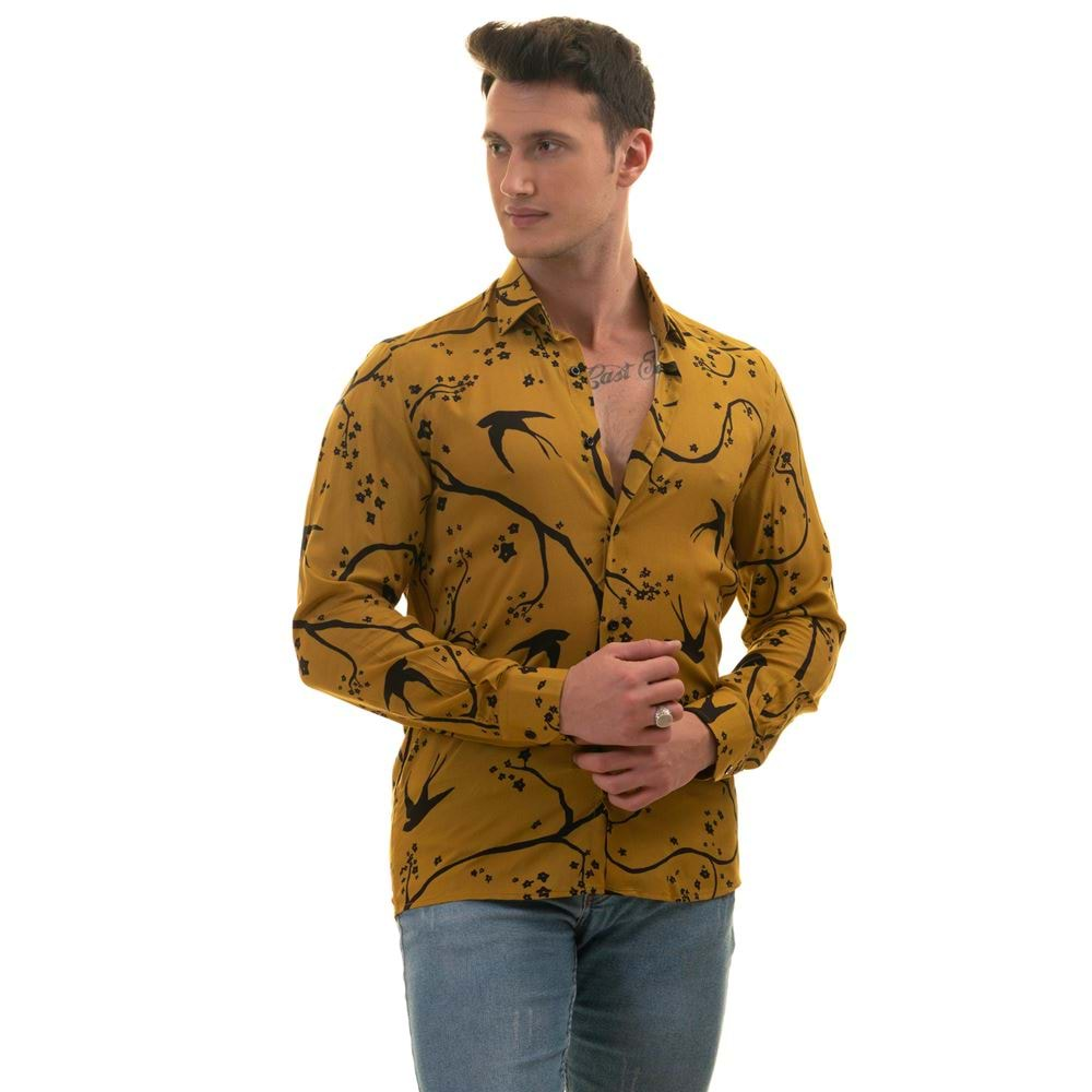 Mustard & Black Printed Designer Men's Shirt