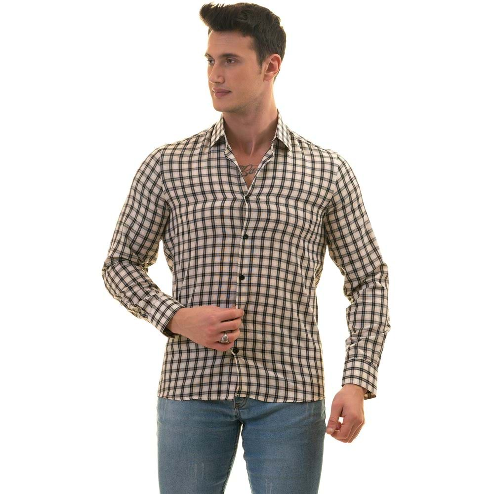 Black Checkered on Beige Men's Shirt