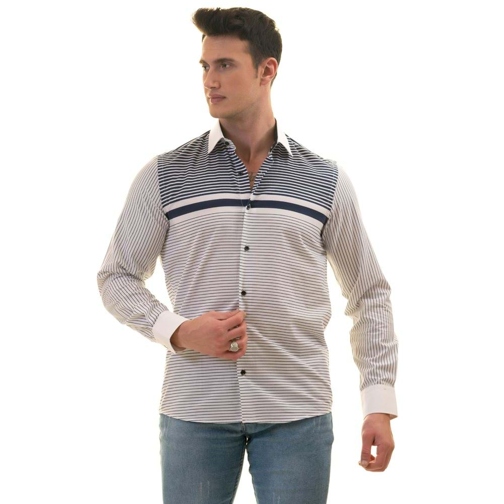 White with Navy Stripes on Chest Special Cut Men's Shirt