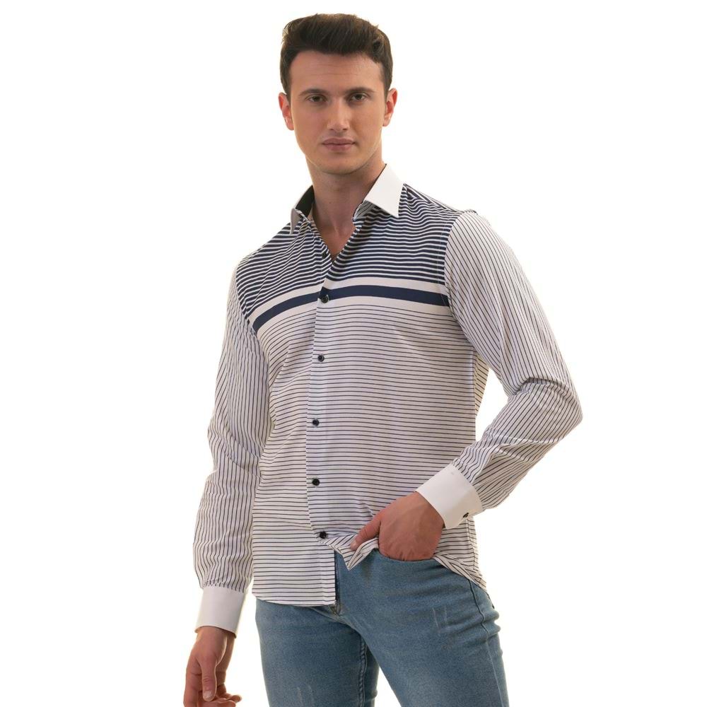 White with Navy Stripes on Chest Special Cut Men's Shirt