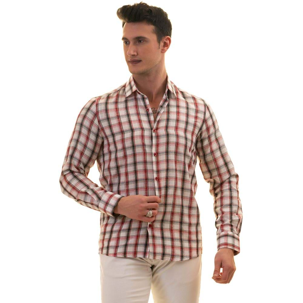 Red Black Checkered on White Men's Shirt