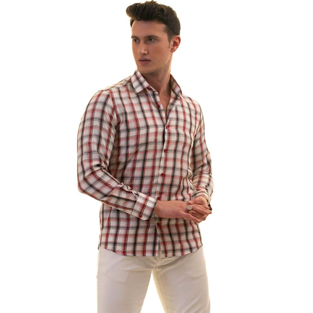 Red Black Checkered on White Men's Shirt