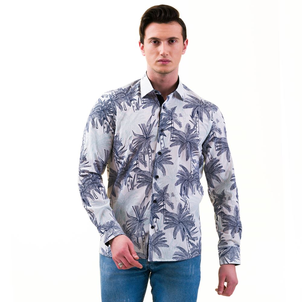 Green and Blue Hawiian Printed on Linen Men's Shirt