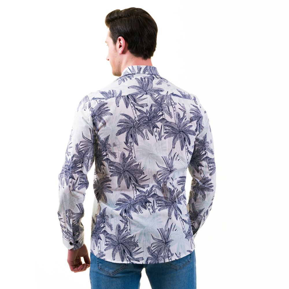 Green and Blue Hawiian Printed on Linen Men's Shirt