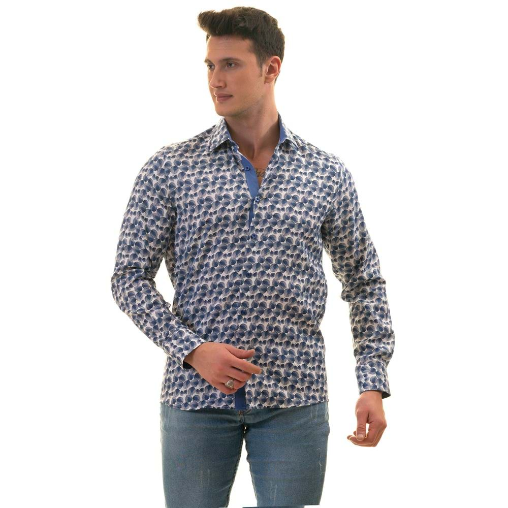 Blue Leaves on White Printed Designer Men's Shirt