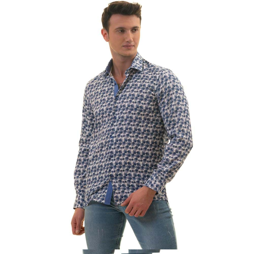 Blue Leaves on White Printed Designer Men's Shirt