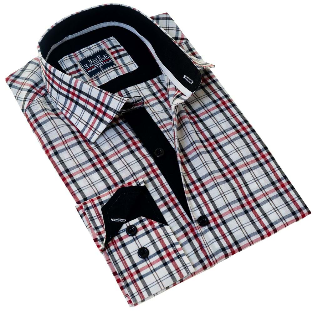 Black and Red Plaid on White Men's Shirt