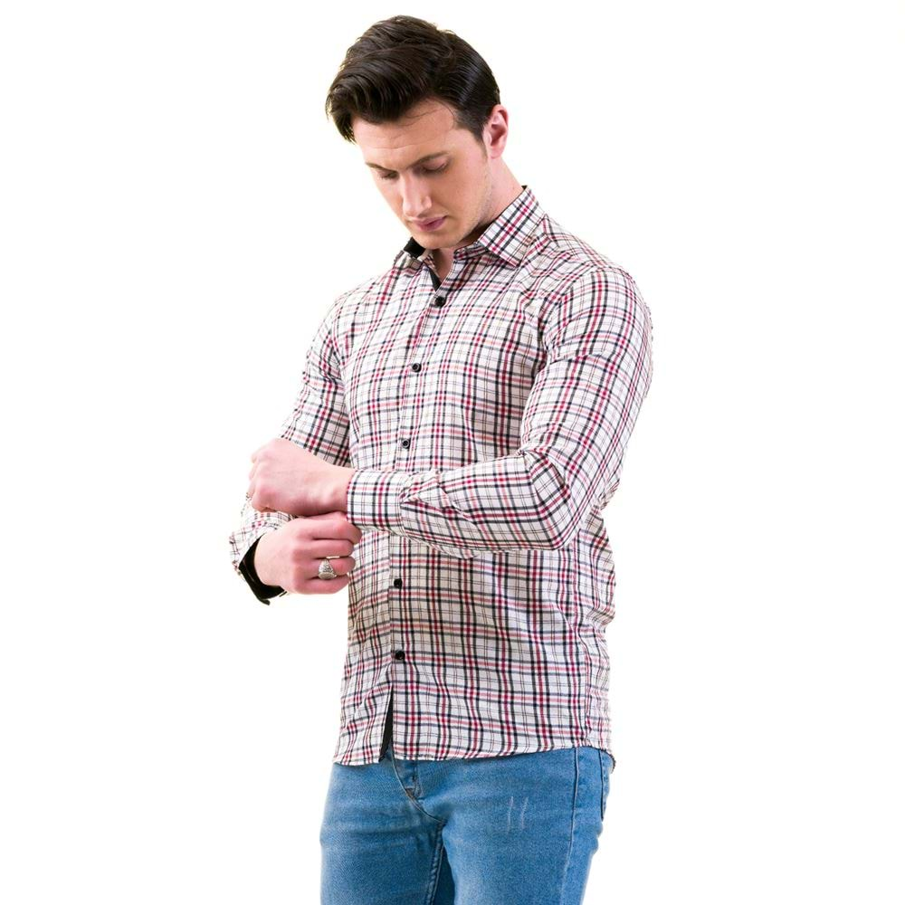 Black and Red Plaid on White Men's Shirt