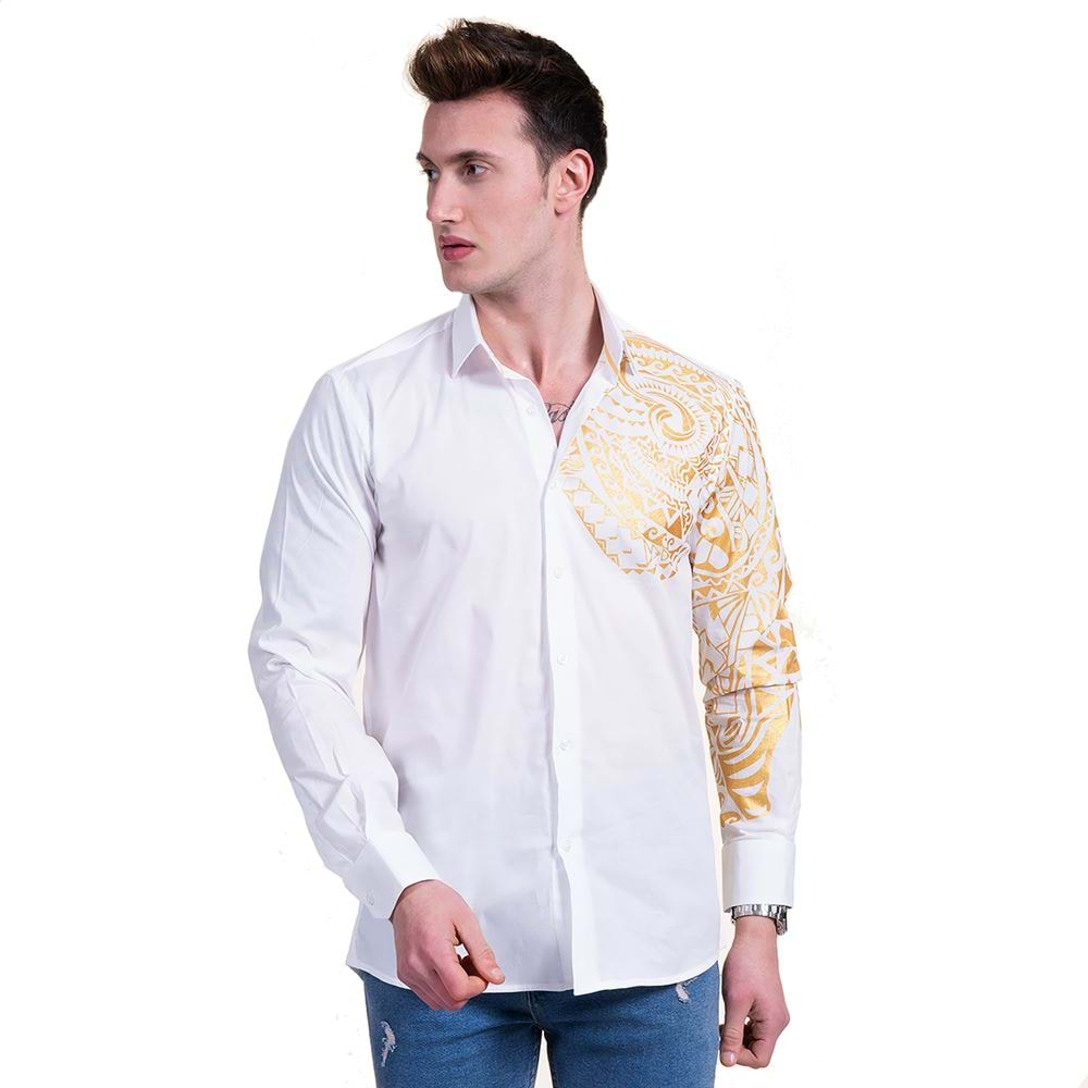 White with Golden Arm Printed Men's Shirt