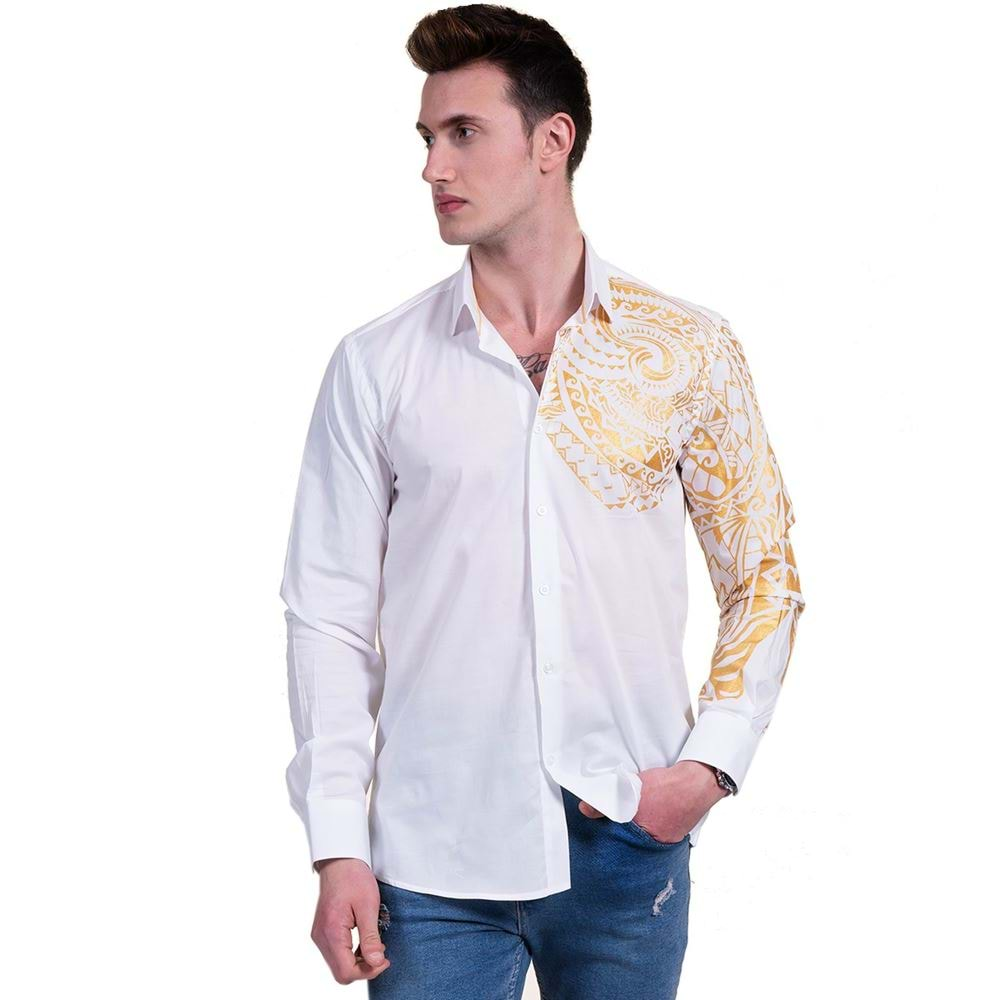 White with Golden Arm Printed Men's Shirt