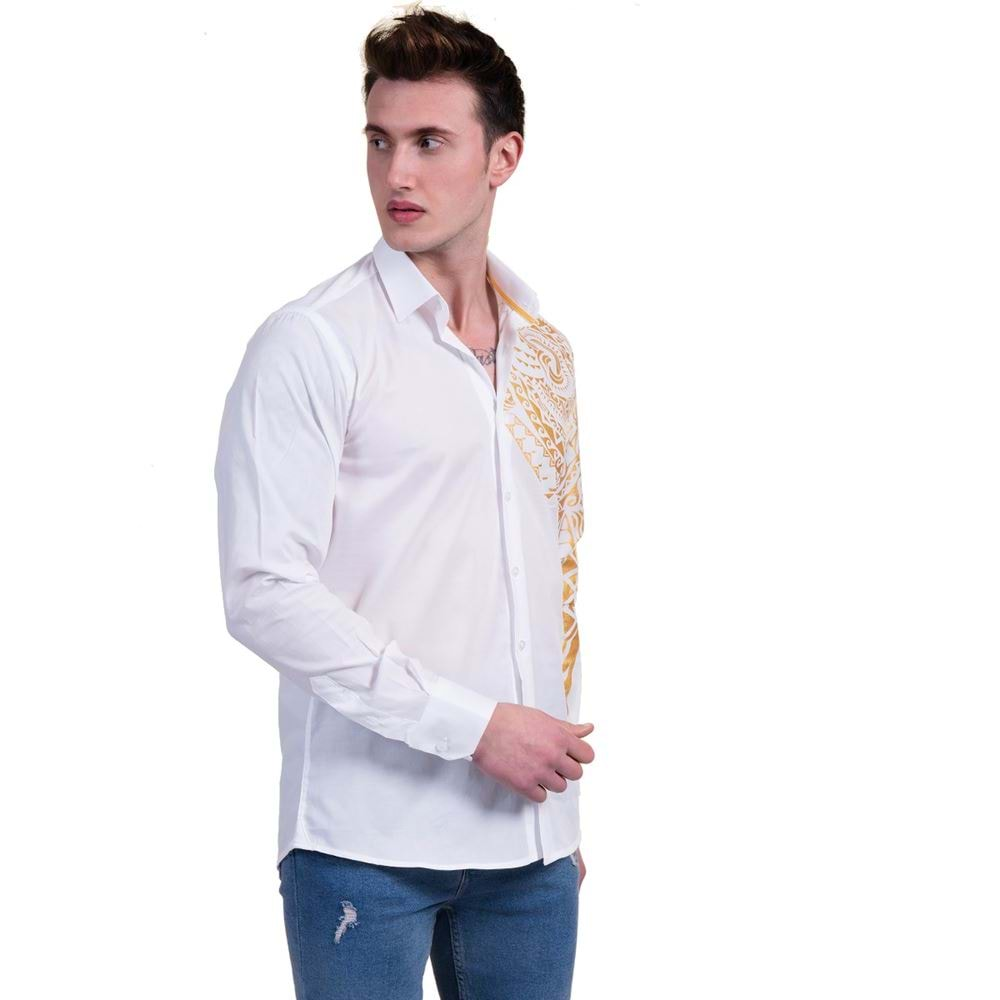 White with Golden Arm Printed Men's Shirt