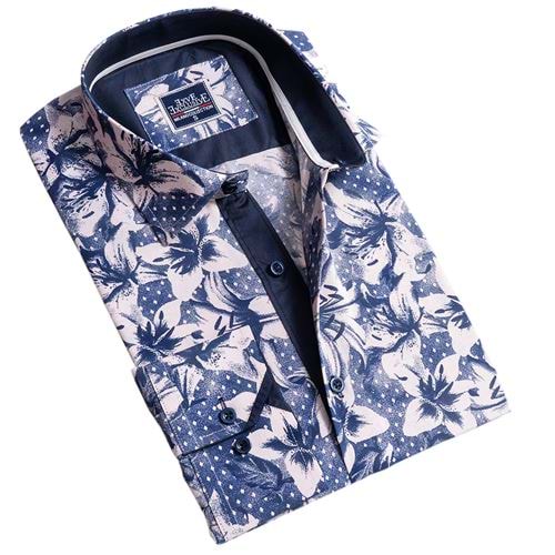 Navy Beige Floral Printed Retro Men's Shirt