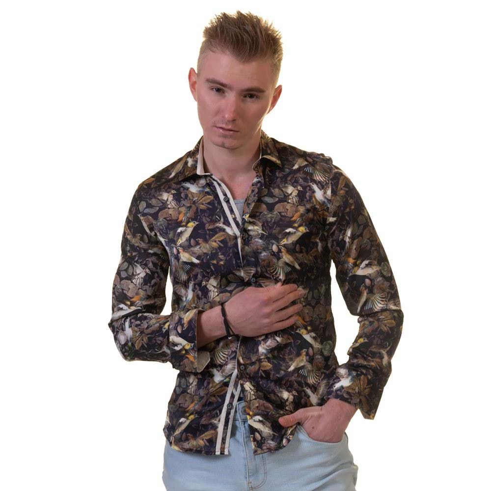 Brown Beige Birds Printed Men's Shirt