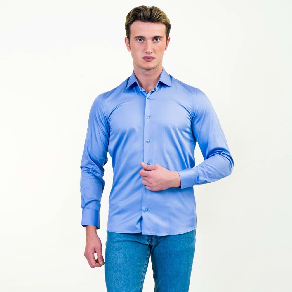 Blue Compact Sattin Cotton Men's Shirt