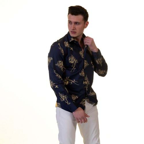Navy Gold Floral Printed Cotton Men's Shirt