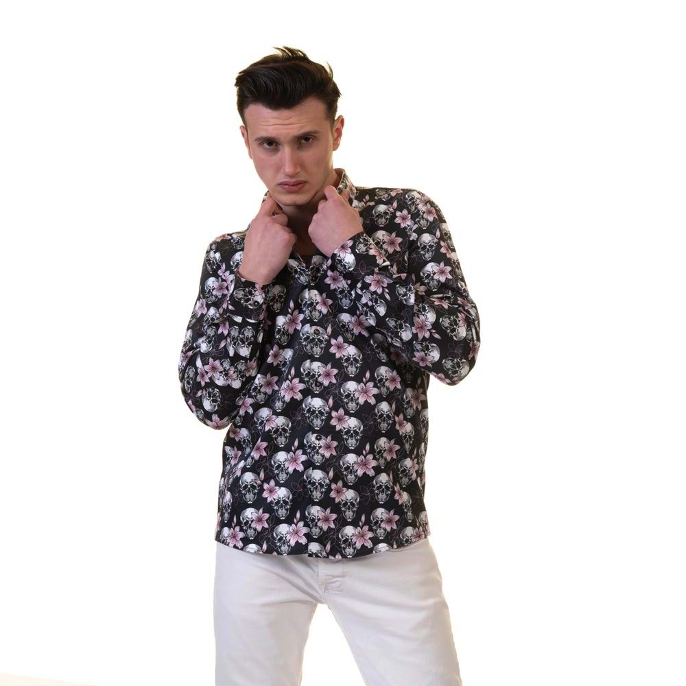 Pink Floral Skull Printed Printed Cotton Men's Shirt