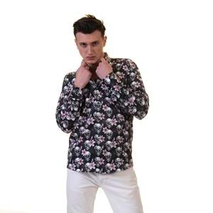 Pink Floral Skull Printed Printed Cotton Men's Shirt