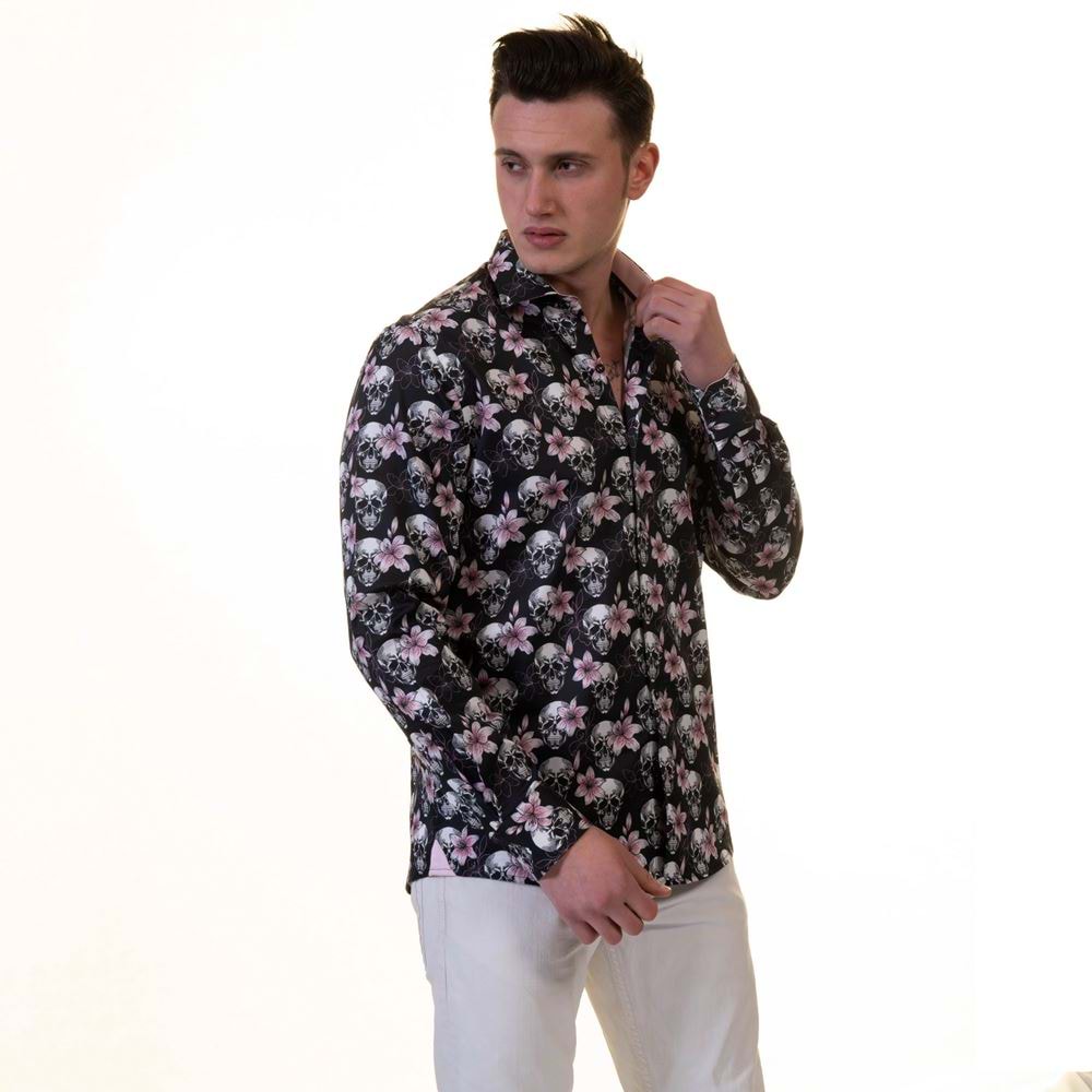 Pink Floral Skull Printed Printed Cotton Men's Shirt