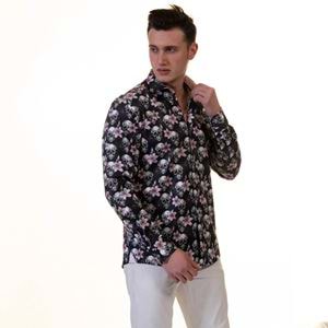 Pink Floral Skull Printed Printed Cotton Men's Shirt