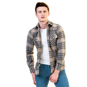 Beige Brown Plaid Men's Western Style Winter Shirt