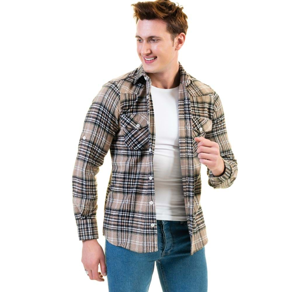 Beige Brown Plaid Men's Western Style Winter Shirt