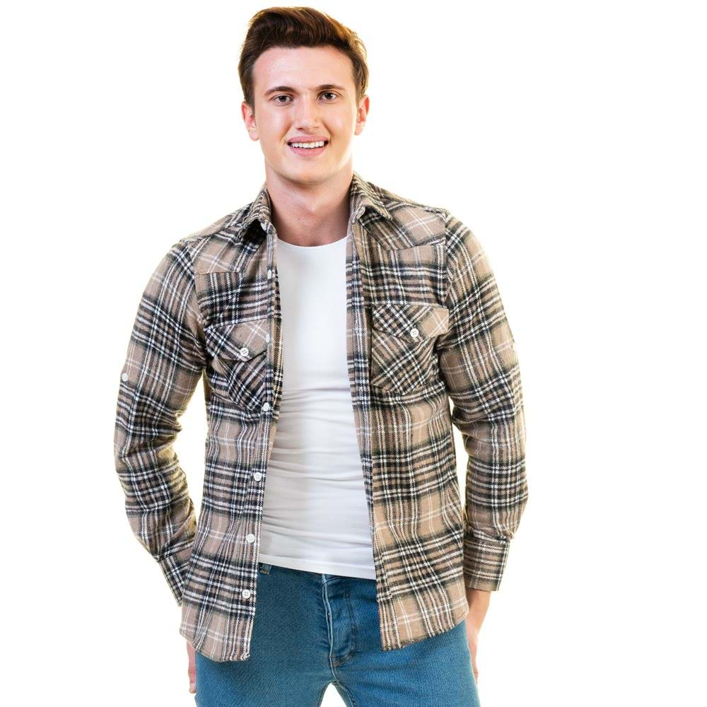 Beige Brown Plaid Men's Western Style Winter Shirt