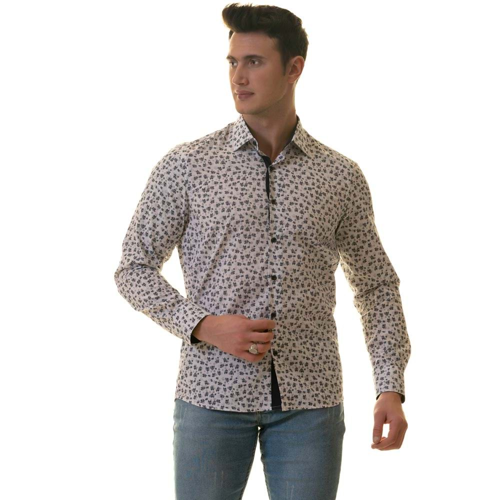 Gray Floral on White Printed Style Men's Shirt