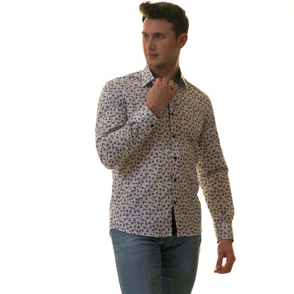 Gray Floral on White Printed Style Men's Shirt