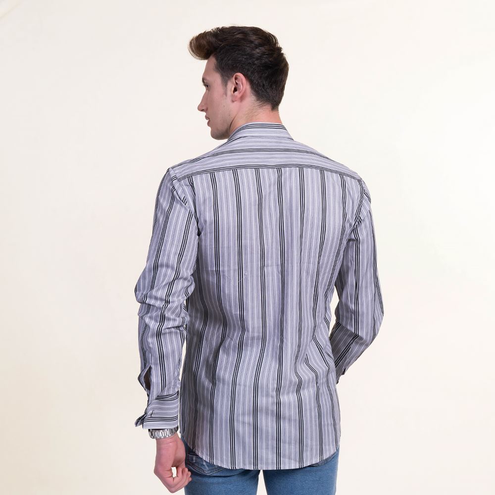 Gray Black Striped French Cuff Shirt