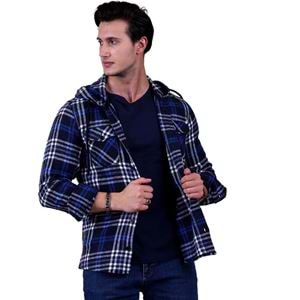 Blue White Navy Plaid Men's Hoodie Jacket Shirt