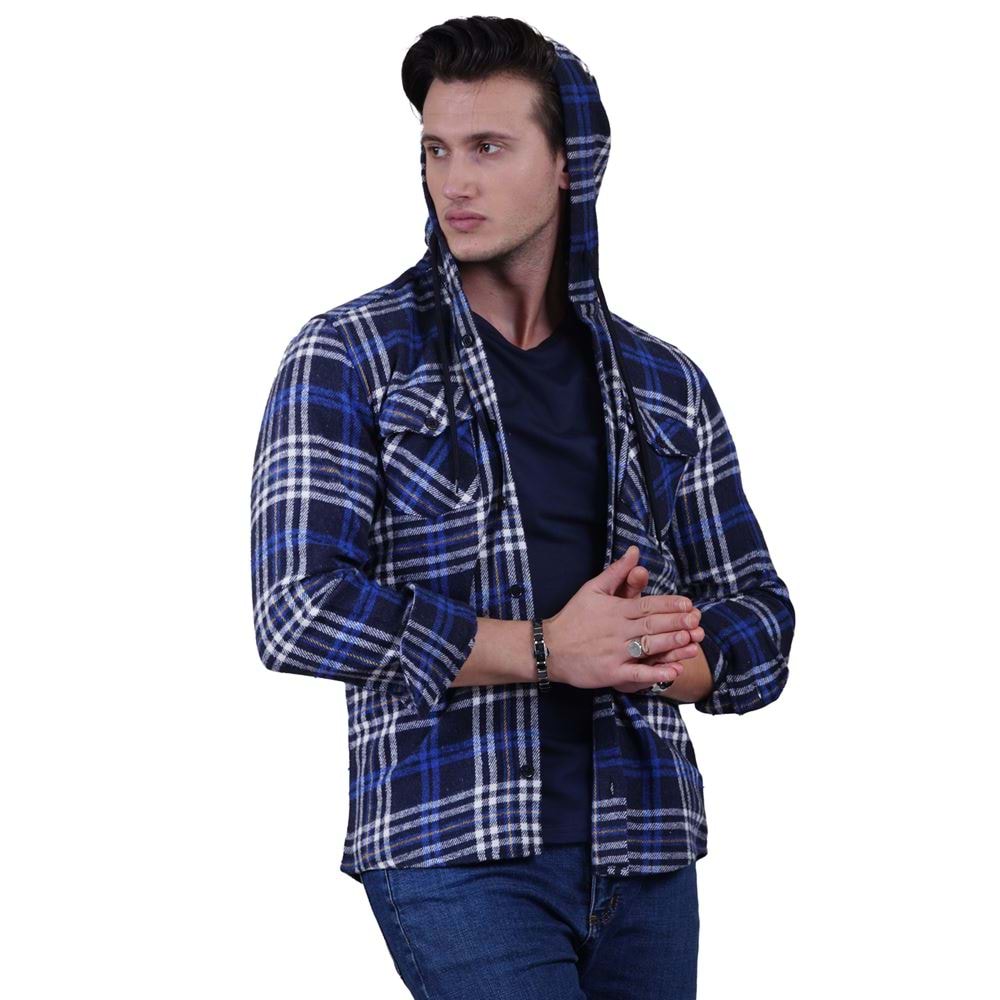 Blue White Navy Plaid Men's Hoodie Jacket Shirt