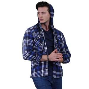 Blue White Navy Plaid Men's Hoodie Jacket Shirt