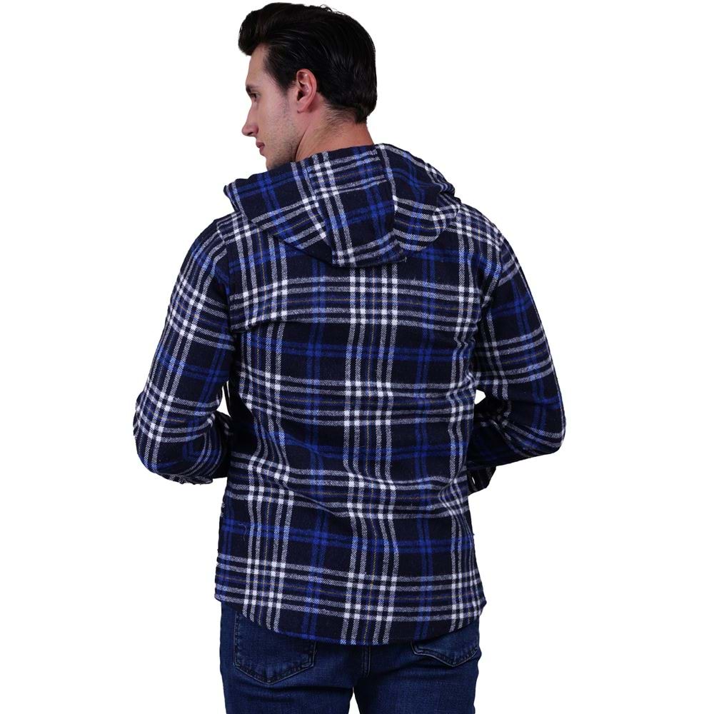 Blue White Navy Plaid Men's Hoodie Jacket Shirt