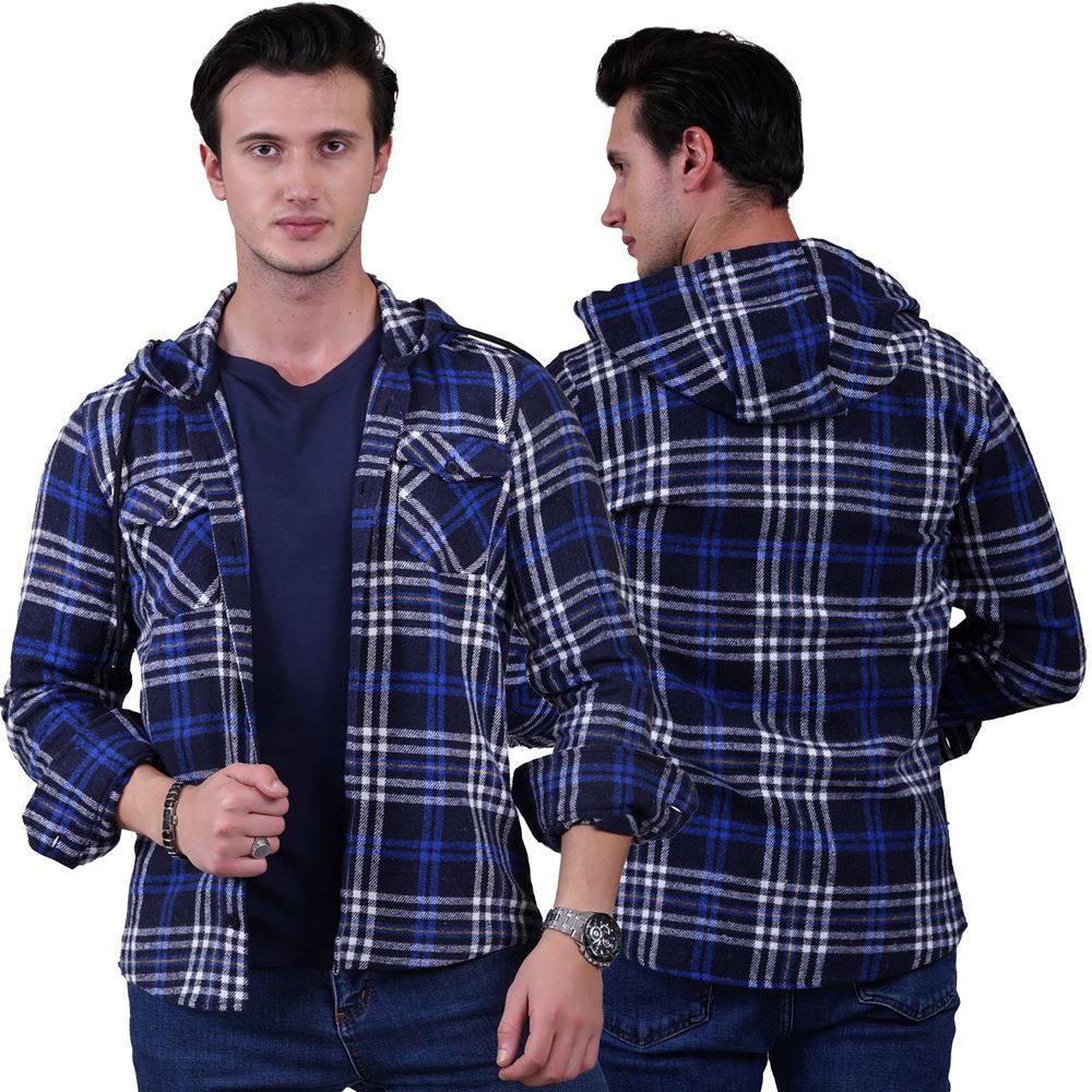 Blue White Navy Plaid Men's Hoodie Jacket Shirt