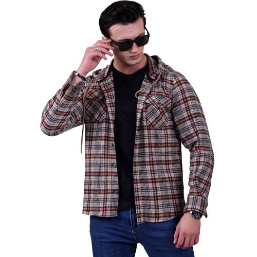 Bej Black Orange Plaid Men's Hoodie Jacket Shirt
