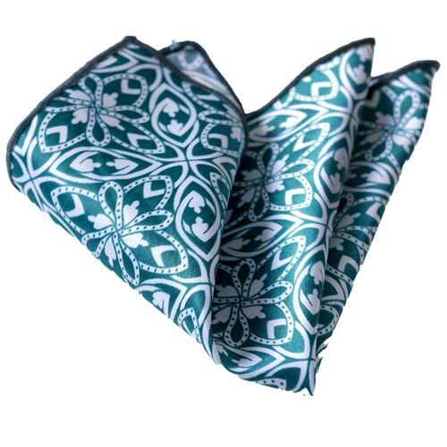 Green White Flowered Mothif Jacquard Fabric Pocket Square